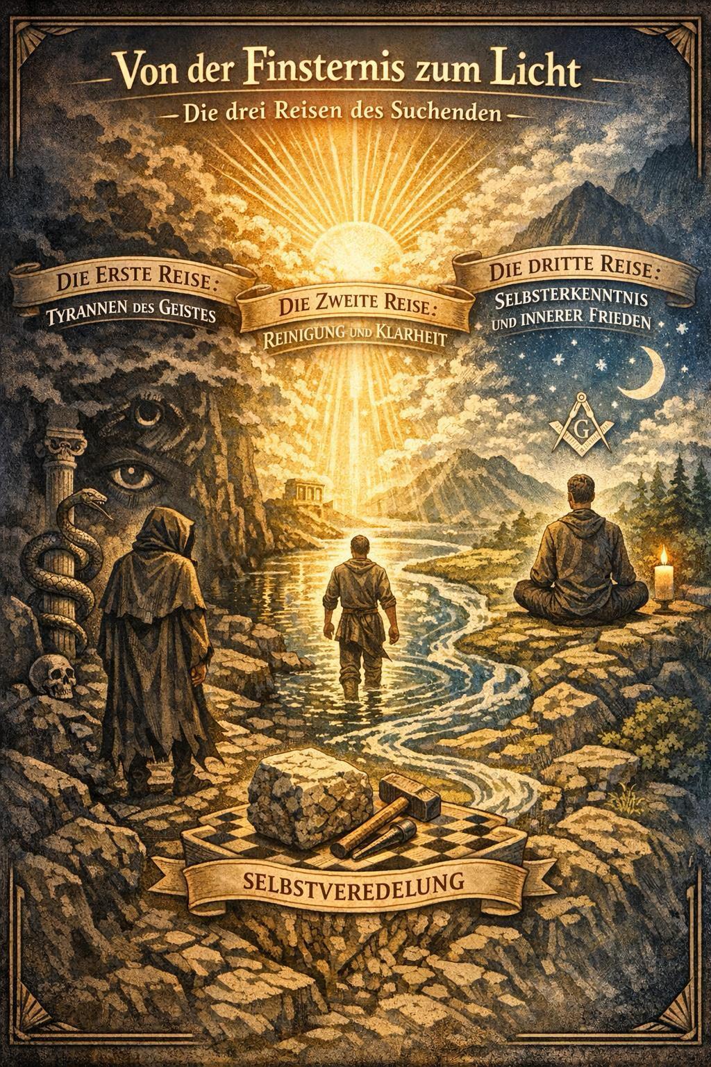 Allegorisches Poster im Stil eines historischen Stichs mit maurerischer Symbolik. Im Zentrum schreitet eine Figur durch ein Gewässer auf ein strahlendes Licht am Horizont zu, eingerahmt von Bergen und einem Tempel im Hintergrund. Links steht eine vermummte, dunkle Gestalt neben einem Totenschädel und einer Schlangensäule (Die erste Reise: Tyrannen des Geistes); rechts sitzt eine Figur meditierend unter einem Sternenhimmel mit Mond, Kerze und dem Winkelmaß-und-Zirkel-Symbol (Die dritte Reise: Selbsterkenntnis und innerer Frieden). In der Mitte verbindet ein Banner die zweite Reise: Reinigung und Klarheit. Im Vordergrund liegen auf einem Schachbrettmuster ein rauer Stein sowie Hammer und Schlegel – Symbole der Selbstveredelung, die im unteren Banner benannt wird.
